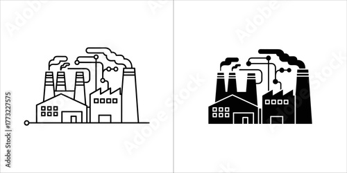 Two icons of a factory with smoking chimneys and connected pipes, one outlined and one filled