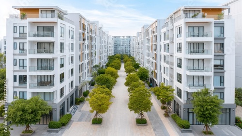 Modern Residential Buildings With Colorful Rooftops Lined With Lush Green Trees Under A Bright Sky