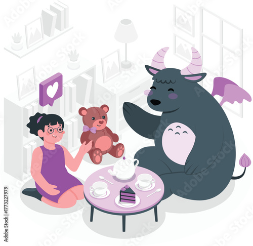 Girl and Monster Tea Party with Teddy Bear and Cake imaginary illustration