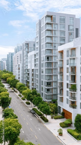 Modern White Apartment Buildings Line a Tree-Lined Street on a Bright Sunny Day with Blue Sky and White Clouds Overhead