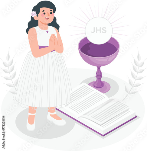 Girl in white dress with purple accents praying by communion chalice and open book first communion