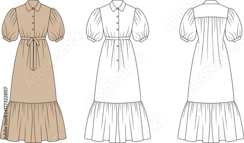 Collared dress design, puff sleeve fashion illustration, CAD garment template, flat vector drawing, button front bodice, ruffle hem, waist tie