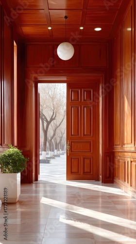 Ornate Wooden Hallway Leading To An Open Door Revealing A Snowy Outdoor Scene With Bare Trees And Sunlight Filtering Through