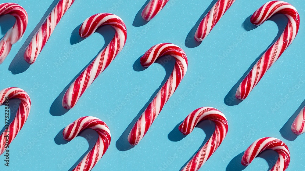 Obraz premium Minimalistic Christmas artwork. Christmas candies on a bright blue background. Flat lay. Space for writing your text. Minimalistic elements.