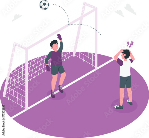 Goalkeeper jumping for soccer ball near goal with frustrated player football