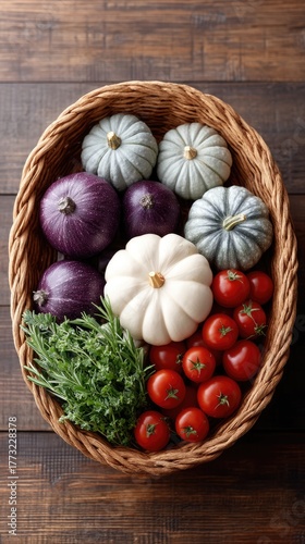 Overhead view of a woven basket filled with a colorful assortment of fresh autumn harvest vegetables including pumpkins tomatoes and herbs arranged on a rustic wooden surface with natural lighting