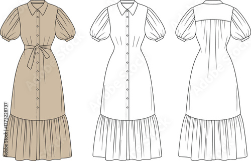 Collared puff sleeve dress vector, fashion flat sketch, garment silhouette, technical apparel drawing, clothing template, digital fashion illustration, tiered skirt design, CAD art