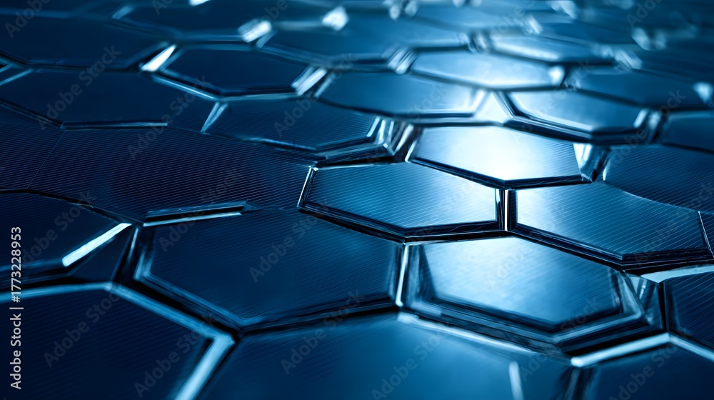 Fototapeta premium Close up perspective of repeating geometric honeycomb structure with cool blue illumination