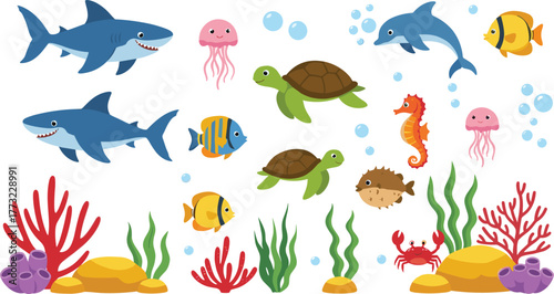 Colorful underwater marine life illustration, sharks dolphins turtles jellyfish seahorse pufferfish crab tropical fish coral reef seaweed bubbles ocean