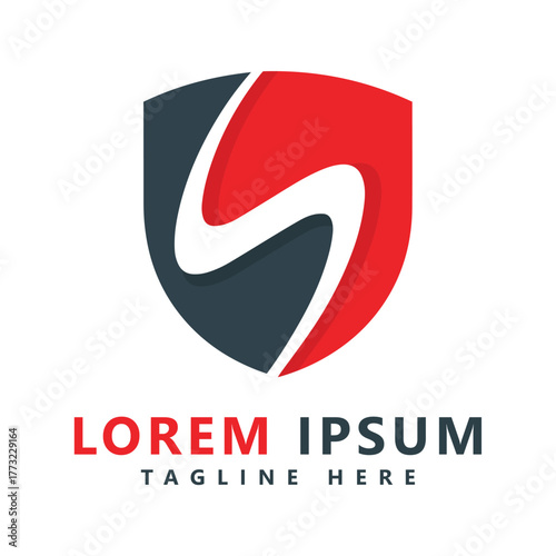 Shield Logo with Red and Dark Gray Segments and Flowing S Shape