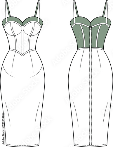 Corset bodice dress fashion template, CAD garment drawing, flat vector illustration, sweetheart neckline design, fitted midi dress sketch, flared skirt outline