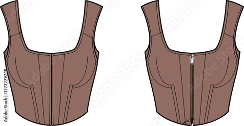 Corset style top fashion template, CAD garment drawing, flat vector illustration, scoop neckline design, zipper closure sketch, fitted bodice, clothing outline