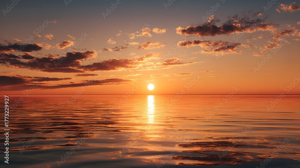 Obraz premium Brilliant sun dips below the horizon casting warm light across calm ocean waters under a cloudy sky