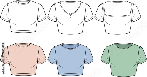 Crop top CAD, T-shirt vector, women’s fashion flat, short sleeve top design, scoop neck shirt, technical apparel illustration