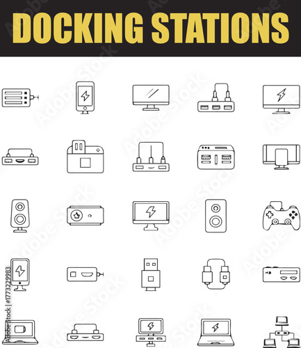 Modern Docking Station and Peripheral Connection Line Icons for Tech UI Design.