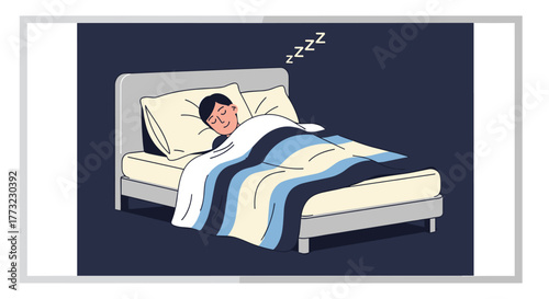A peaceful individual enjoys deep, restorative sleep in a comfortable bed, achieving essential rest and relaxation during the quiet nighttime hours.