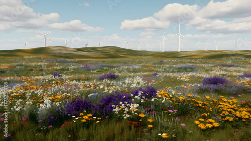 Isolated against a clear backdrop are wind turbines and grassy hill vegetation. The idea of natural energy