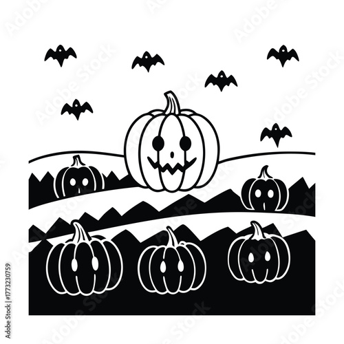 eerie pumpkin patch scene with spectral figures and a dark silhouette