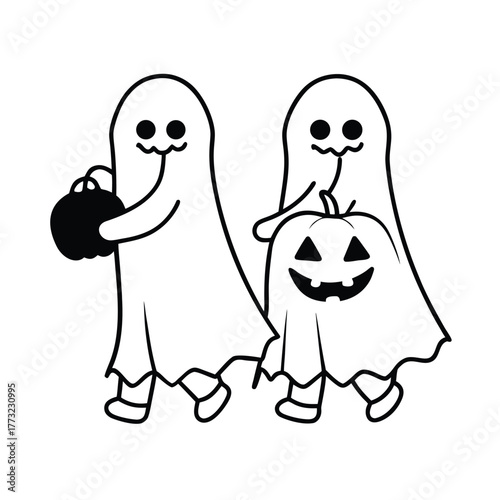 Two ghostly figures cheerfully carry a pumpkin a halloween silhouette