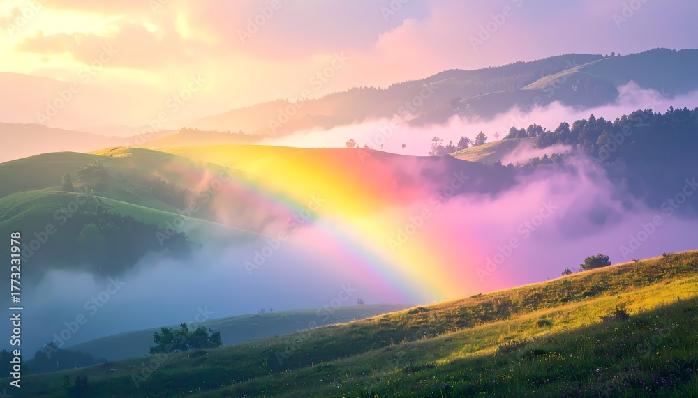 Obraz premium Vibrant Rainbow Arches Over Misty Green Hills at Sunset.