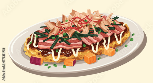 Delicious Japanese Okonomiyaki Dish Garnished with Toppings.