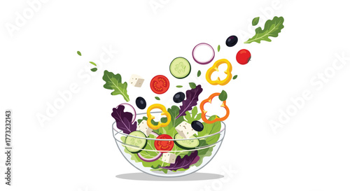 Fresh and colorful salad ingredients falling into a bowl.