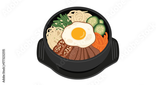 Delicious Korean Bibimbap Bowl with Sunny Side Up Egg.