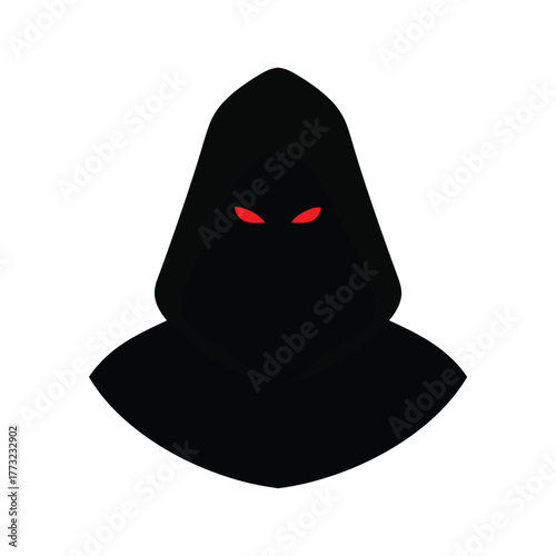 Hooded Figure with Glowing Red Eyes Isolated on White Background.