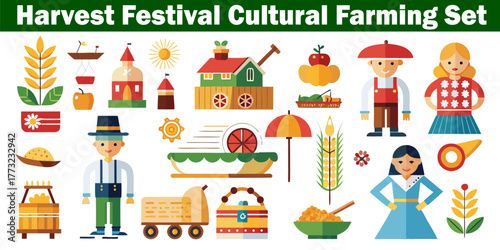 Harvest Festival Farming Set Cultural Elements Agriculture Icons. Farm Life Isolated Vector Symbols, Village Production, Eco Food Growing Collection. 