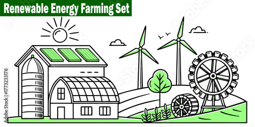Renewable Energy Farming Set. Sustainable Agriculture Power Generation with Solar Panels and Wind Turbines, Outline Vector Design for Ecological Concepts.