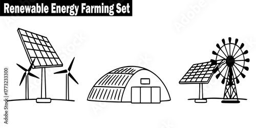 Renewable Energy Farming Set Line Art Vector Illustration of Solar Panels, Wind Turbines and Sustainable Agriculture Building, Black and White Outline elements. 