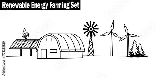 Renewable Energy Farming Set Illustration. Farmhouse Solar Panel, Windmill, Environmentally Sustainable Agriculture,, Eco-Friendly Power Generation,, Renewable Resources, 