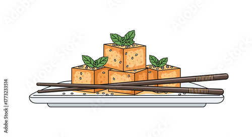 Delicious fried tofu cubes with fresh herbs on a plate.