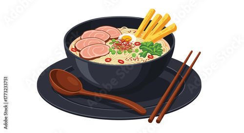 Delicious Japanese Ramen Bowl with Various Toppings and Chopsticks.