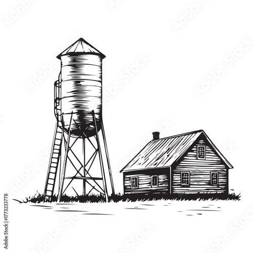 Vintage water tower and small building with a tree in a rural landscape