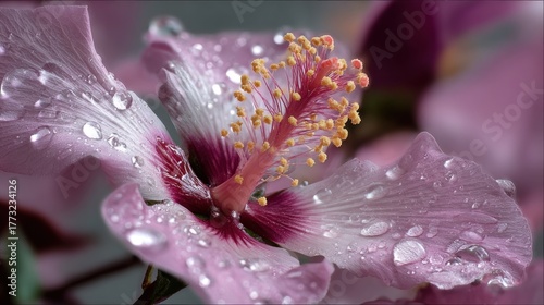 Close-up of a pink flower, delicate petals glistening with water droplets and pollen