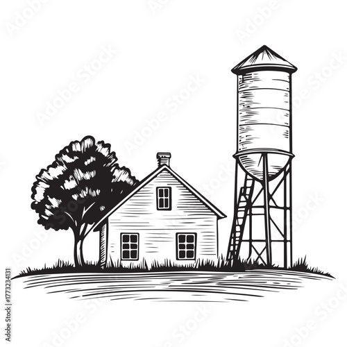 Vintage water tower and small building with a tree in a rural landscape
