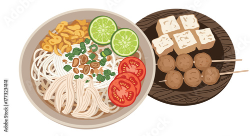 Indonesian Soto Ayam with Tofu and Meatballs Delicious Cuisine.