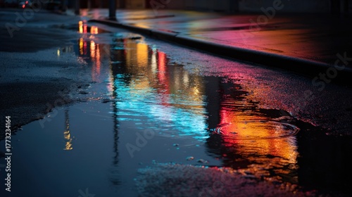 Reflective puddle on wet street at night, illuminated by neon lights of shops