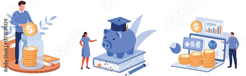 Smart financial planning modern concept with people saving money investing wisely and achieving educational goals