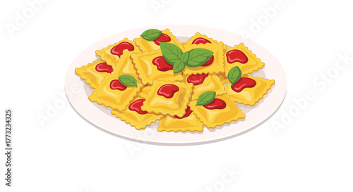 Delicious Pasta Ravioli Dish with Tomato Sauce and Basil.