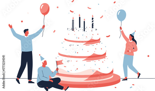 Joyful people celebrate with a giant tiered birthday cake, balloons, and confetti, creating a vibrant festive atmosphere for any special occasion.
