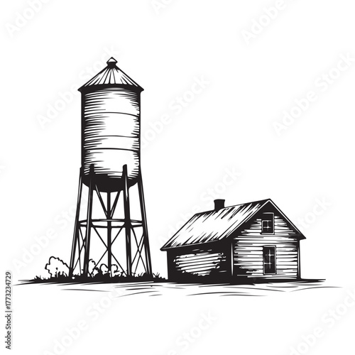 Vintage water tower and small building with a tree in a rural landscape