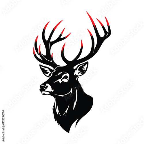 Deer Head Logo Vector Illustration of Black Stag Silhouette with Red Antler Tips