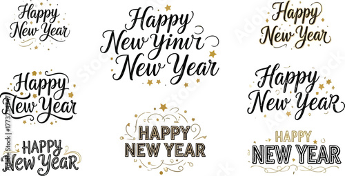 Celebrate new beginnings with elegant 'Happy New Year' typography designs featuring festive gold stars and swirling accents, perfect for invitations and greetings