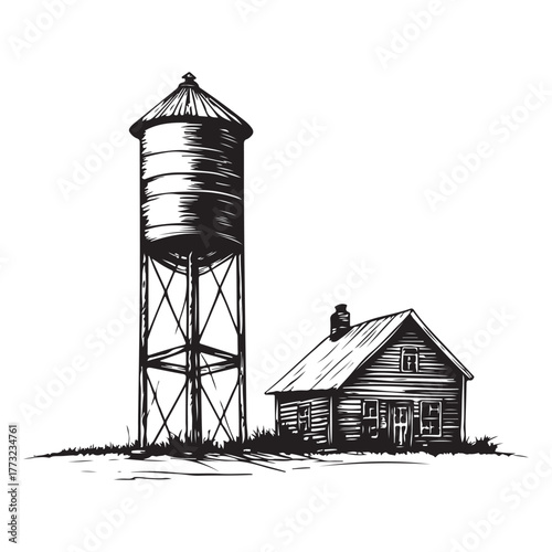 Vintage water tower and small building with a tree in a rural landscape