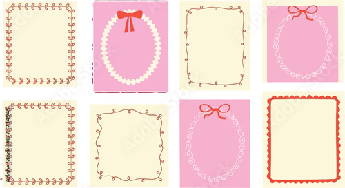 Charming decorative frames for invitations and greetings featuring whimsical borders and delicate bows adding a touch of elegance and sweetness to your designs