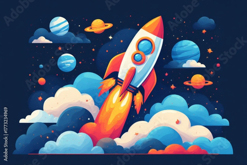Cartoon rocket ship blasting off into space surrounded by planets, stars, and colorful clouds.