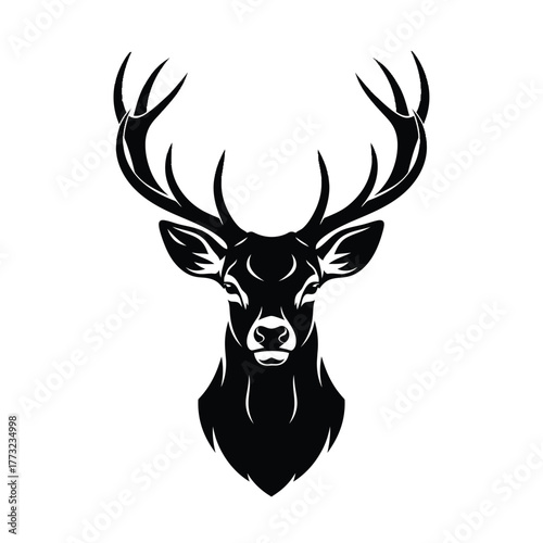 Stag Head Logo Vector Illustration with Red Antler Tips Isolated on White