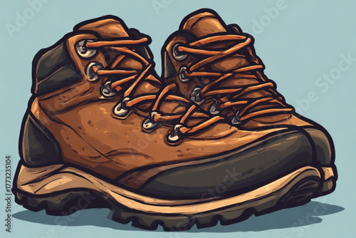 Detailed cartoon illustration of two brown hiking boots, ready for adventure.